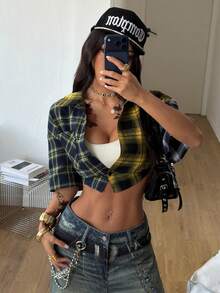 Coolane Áo croptop kẻ caro dáng rộng phong cách vintage mùa xuân/hè cho nữ, màu đỏ, thích hợp cho năm mới. - Nhiều màu - Xem 3