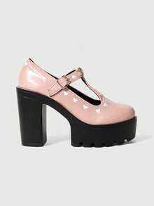 ROMWE 女士高跟鞋和单鞋，黑色高跟鞋，暗黑摇滚朋克哥特鞋，铆钉T字形闭趾鞋，Y2K风格正装鞋，玛丽珍皮鞋，日本JK制服鞋 - 粉色愛心 - 查看 3