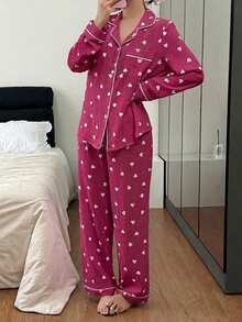 Dream Adore Women's Bubble Crinkle Heart Print Loungewear Set, Suitable For Indoor & Outdoor Wear - Hot Pink - View 4