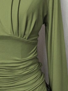 EgrlEra Áo thun dài tay bó eo tối giản màu trơn dành cho nữ, mặc hàng ngày - xanh quân đội - Xem 4