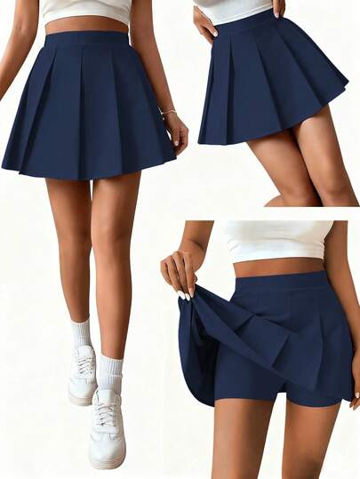 SHEIN Sparklyn Saia plissada de cintura alta para meninas com shorts de embutidos, saia e calça 2 em 1, versátil para todas as estações, pode ser combinada com camisas, camisetas, polos, moletons com capuz e jaquetas.