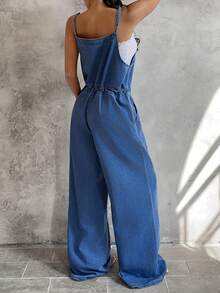 Sunnyshic Women's Pocket Waist Tie Casual Wide Leg Jumpsuit - Light Wash - View 2