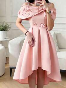 Blush Pink Summer Elegant Cocktail Off-Shoulder Embroidered Mesh Asymmetric High Low Dress For Tween Girls,Suitable For Parties And Outings - Pink - View 1