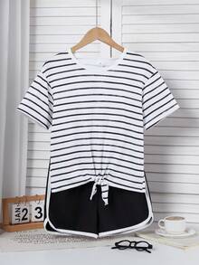Girls' Minimalist Striped Round Neck Drop Shoulder Short Sleeve Top With Waist Tie And Black Drawstring Shorts Set, Soft And Comfortable Fabric, Casual Outfit For Home And Family Interaction - Black - View 4