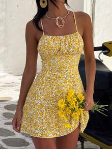 Sparklyn 少女度假风黄色碎花吊带连衣裙，轻盈亮丽的设计，适合外出、旅行、校园活动、日常穿着、海滩度假等场合，是一款百搭连衣裙。 - 黃色 - 查看 6