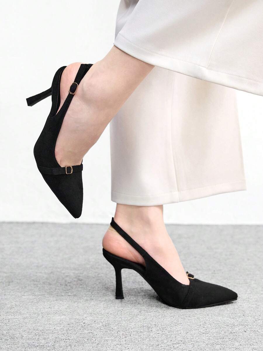 CUCCOO BIZCHIC Tacones altos de mujer con diseño de hebilla y punta afilada, versátiles para uso diario - Negro - Ver 1