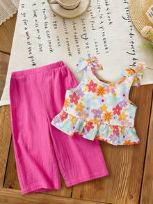 LMoss Kids 2pcs Baby Girl Floral Print Chiffon Sleeveless Top And Long Pants Summer Outfit Set - Multicolor - View 1