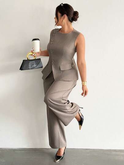 Firerie Women's Elegant Commuting Daily Versatile Street Fashion New Asymmetric Lapel Button Waist Sleeveless Blazer Vest And High Waist Pants Khaki Gray 2-Piece Suit Set, Autumn/Winter
