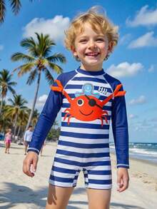 SHEIN Young Boy Cute Crab Pattern Knit One-Piece Swimsuit, Suitable For Beach, Vacation, Swimming - Blue - View 8