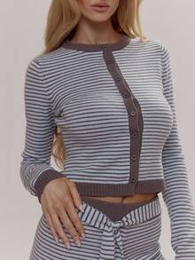 MUSERA Stripe Contrast Colour Hem Crewneck Knit Fitted Cardigan Coord Top Only Cute Girly Sexy Spring Winter Going Out Daily Easter Sugar Swizzle - Multicolor - View 2