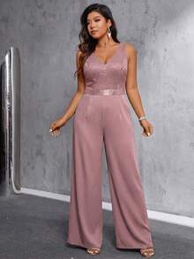 SHEIN Belle 大码女装春夏新款淡粉色蕾丝连体裤，缎面腰带，适合浪漫约会、优雅聚会、情人节装扮、旅行度假、城市漫步、浪漫婚礼季等场合，以及各种场合：奢华优雅的时尚风格，简约时尚的大码女装。 - 粉色 - 查看 3