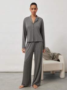 Ocili 女士柔美花卉印花睡衣套装，长袖上衣和长裤，带领子 - 深灰色 - 查看 3