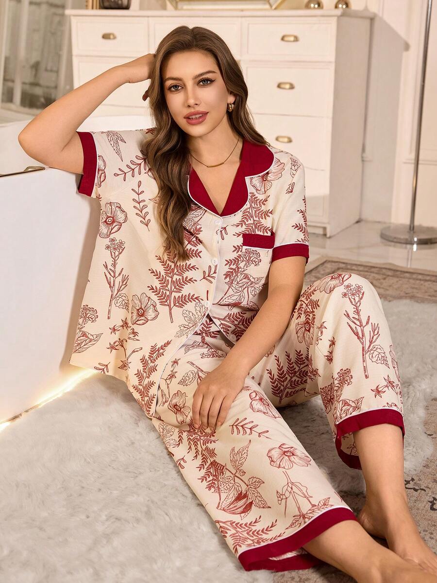 撞色领开襟褶皱印花短袖睡衣套装 - 紅色 - 查看 1