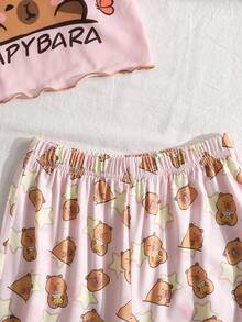 SHEIN 3pcs Tween Girls Casual Knit Pajama Set, Cute Cartoon Print Ruffle Trim Camisole, Long Pants & Shorts - Blue and White - View 7