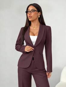 SHEIN PETITE 女士酒红色套装，适合秋冬季通勤穿着。黑色单扣西装外套+西装裤套装，适合办公室通勤穿着，女士职业套装。 - 中紫紅色 - 查看 4
