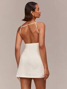 COSMINA 女士杏色无袖露背迷你A字连衣裙，休闲度假通勤时尚优雅Y2K简约纯色短款连衣裙 - 杏色 - 查看 1