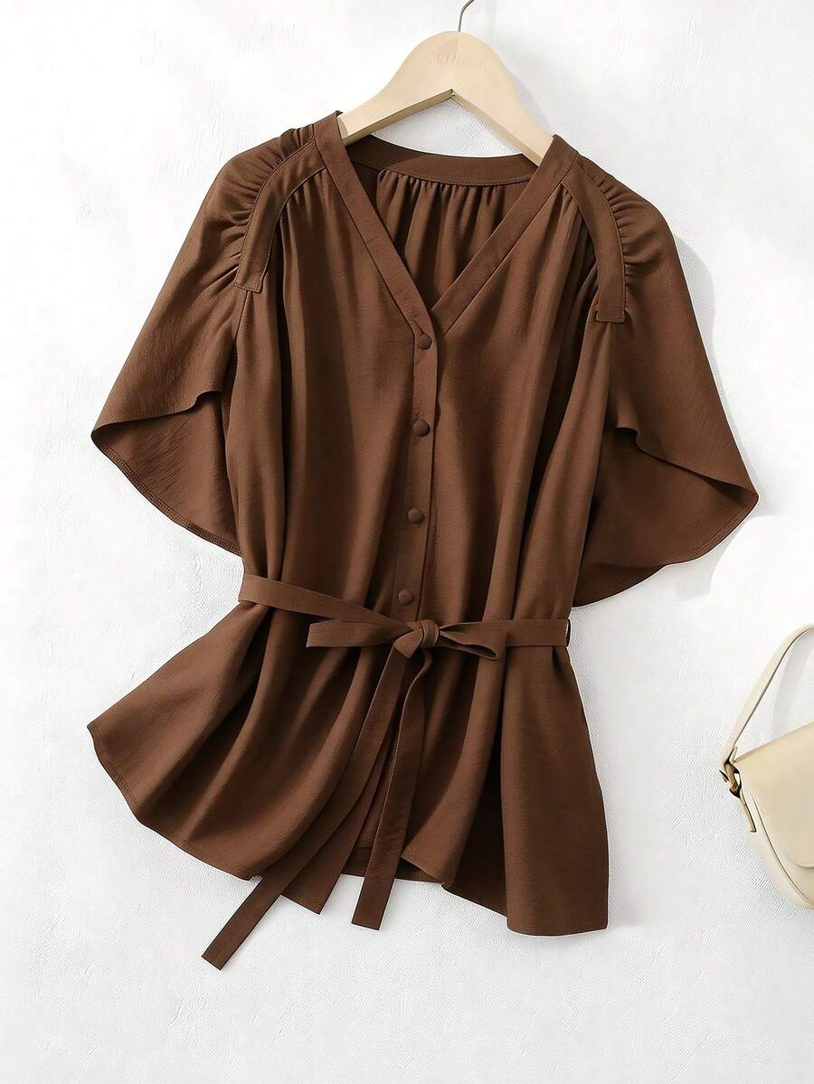 SHEIN Franclia V-Neck Ruffle Sleeve Button Tie Waist Women Blouse - Brown - View 1