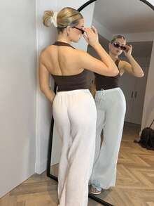 Bethéva Camiseta de tirantes de cuello halter de unicolor y estilo minimalista, para uso diario de mujer - Café integral - Ver 2