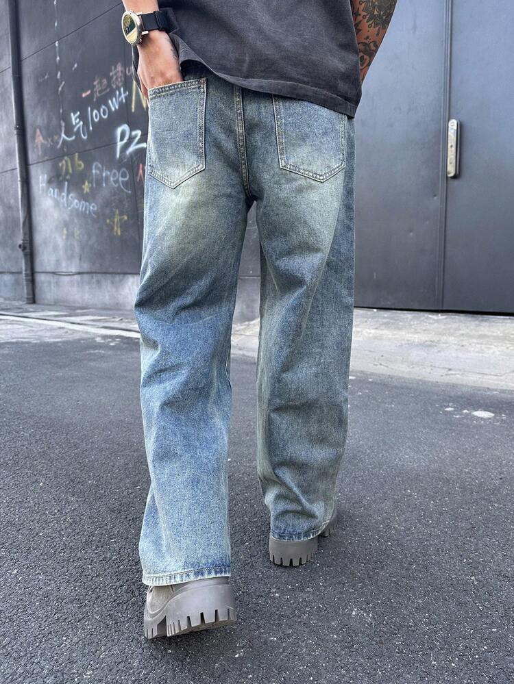Men's Spring Solid Blue Washed Vintage Wide Leg Jeans