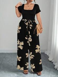 Elenzga Bộ jumpsuit nữ cỡ lớn in hoa, cổ vuông, thắt lưng, ống rộng, phong cách mùa hè, thích hợp cho kỳ nghỉ. - màu đen - Xem 3