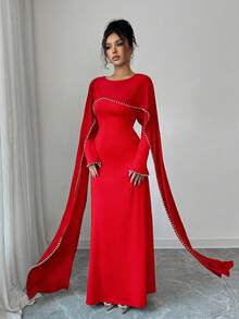 Elenzga 2025秋冬新款女士优雅长裙，饰以精致珍珠。 - 紅色 - 查看 5