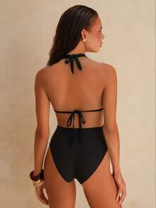 Swim Chiccia Women's Solid Color One-Piece Swimsuit For Beach Vacation, Summer - Black - View 2