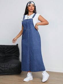 SHEIN ICON Women's Casual Versatile Pocket Denim Pinafore Dress For Dating & Outings - Dark Wash - View 5