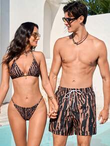 Manfinity VDAYZ Men's Beach Holiday Print Drawstring Pocket Beach Shorts Couple Swim Sets Matching Swimsuits Couple Bathing Suit Set His And Her Swim Suit Set Swimwear Set - Multicolor - View 1