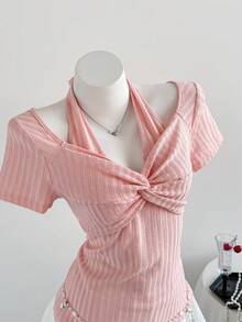 Elamini 浪漫性感V领扭结露背短袖T恤，迷人甜美纹理针织修身收腰女式上衣 - 粉色 - 查看 3