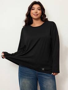 Enliva Plus Size Loose Fit Casual Black Long Sleeve Round Neck T-Shirt Women Long Sleeve T-Shirt Oversized T-Shirt Women Long Sleeve Tee Oversized Top Women T-Shirt,Fall Clothes For Women Underscrub Long Sleeve, For Apple & Rounded Body Shape - Black - View 6