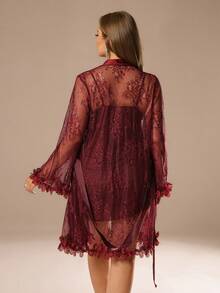 SHEIN Privé 1 Set Plus Size Women Lace Robe With 3D Floral Decor + Plus Size Lace Camisole Slip Dress With Waist Cinching Design Sexy Red Sets For Spring Valentine's Day Valentine Red Outfit For Women Spring Dress For Women - Maroon - View 2
