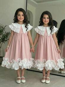 SHEIN Young Girl Woven Contrast Color Ruffle Hem Loose Dress,Suitable For Spring And Summer - Pink - View 1