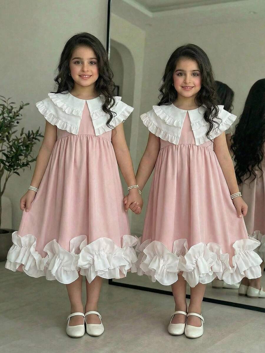 SHEIN Young Girl Woven Contrast Color Ruffle Hem Loose Dress,Suitable For Spring And Summer - Pink - View 1