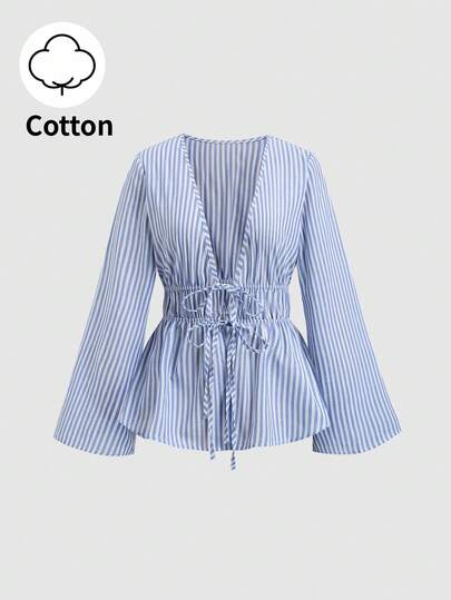 SHEIN Tall Blue & White Striped Cotton V-Neck Tie-Waist Flare Sleeve Shirt, Elegant Minimalist Style For Tall Women, Suitable For Spring/Summer, Beach, Commute, Daily Wear