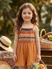 SHEIN Vintaside Kids Young Girl' Retro Style Jumpsuit - Orange - View 4