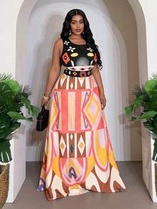Veslaya 2026 New Spring/Summer Plus Size Women Tropical Rainforest Print Sleeveless A-Line Maxi Dress, Suitable For Beach, Party, Date - Multicolor - View 5