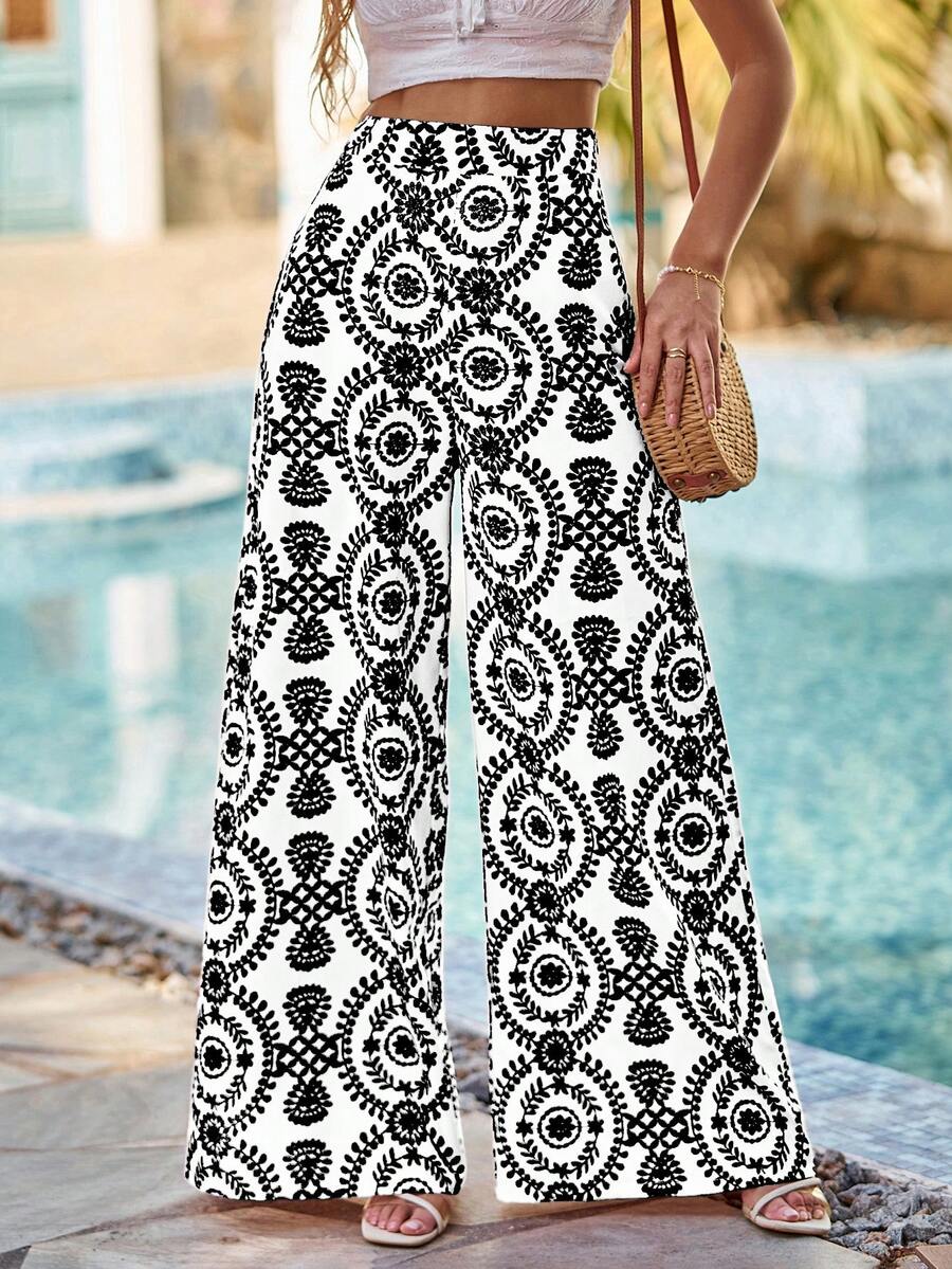 Breezaya Women's Fashionable Casual Printed Wide Leg Pants - Black - View 1
