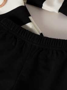 SHEIN 2件裝新生男嬰黑白條紋套裝 可愛刺繡熊飾長袖上衣與長褲套組 秋季度假時尚服飾 - 黑色 - 查看 8