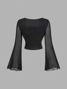 SHEIN MOD 2pcs/Set Women Square Neck Flare Sleeve Mesh Fashion T-Shirt, 2-Pieces Set, Black & White Top, Valentines, Spring/Summer , Festival, Country, Prom Top, Cute Top, Casuals, Elegant Women's Top - Black and White - View 6