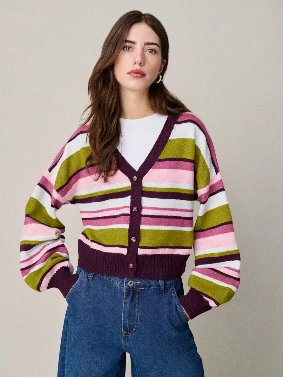 Nöista Cropped Button-Up Cardigan With Wide Horizontal Stripes. And Versatile For Spring, Spring Styling And Summer Casual Looks. - Red - View 1