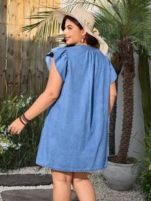 Breezaya Plus Size Denim Fashion Cap Sleeve Embroidered Short Sexy Dress Spring Summer  Vacation - Blue - View 2