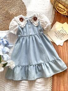 Young Girl' Spring/Summer Denim Dress With Lapel Collar, Casual & Fashionable, Suitable For Daily Outings, Leisure, Camping, Gatherings - Blue - View 3