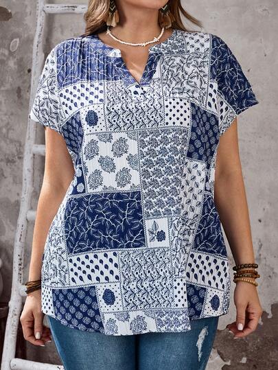 EMERY ROSE Plus Size Women's Summer Casual Vacation Country Short Sleeve Patchwork Notch Collar Floral Print Loose Fit Blouse Top Shirt,Summer Holiday,Spring Break Outfits ,Vacation Outfits Women ,Holiday Outfits For Women,Going Out Outfits,2026 New Clothes,Simple And Fashionable For Everyday Wear,Suitable For Summer, Vacation,Daily Wear, Blue Graphic Shirt, Blue And White Shirt, Short Sleeve Blouse, Summer Shirts Woman,Western Style,