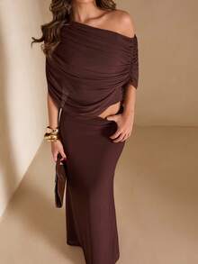 SHEIN BAE Women's Brown Ruched Batwing Shoulder Top And Fish Tail Midi Skirt Elegant 2 Pieces Set - Brown - View 3