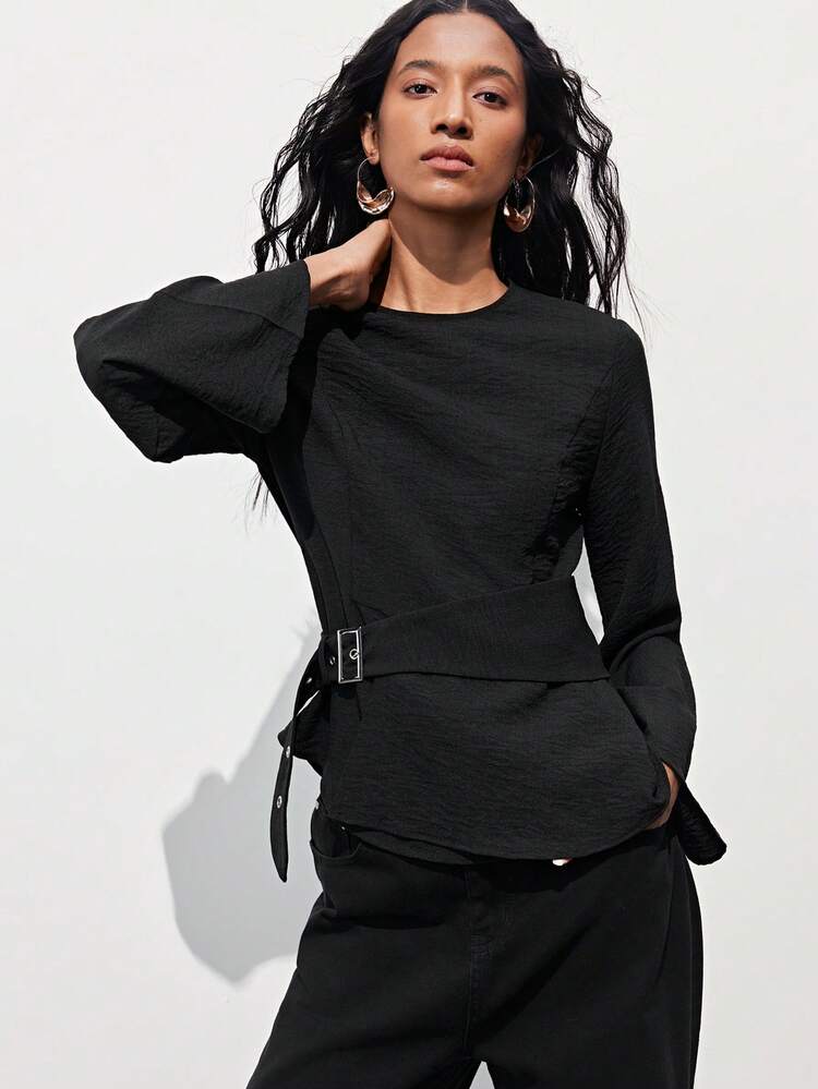 SHEIN Maija 1pc Women's Black Top With Flared Sleeves, Cinched Waist, Asymmetrical Waist Belt Elegant Vacation Summer Modest Asymmetrical Top Bell Sleeves Buckle Top Spring Women Peplum Top For Women Valentine's Day Elegant Women's Blouse Vacation Women Spring To Summer