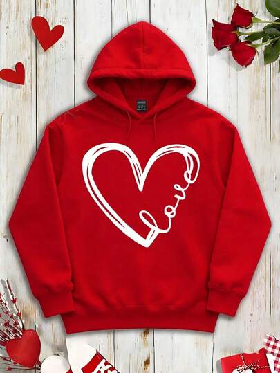 Sudadera De Capucha Casual de Mujer con Estampado de Corazón, Ideal para San Valentín, Día del Amor y Hecha en México