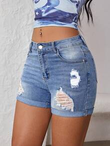 SHEIN ICON 女式休闲夏季水洗做旧紧身牛仔短裤 - 中等水洗藍 - 查看 5