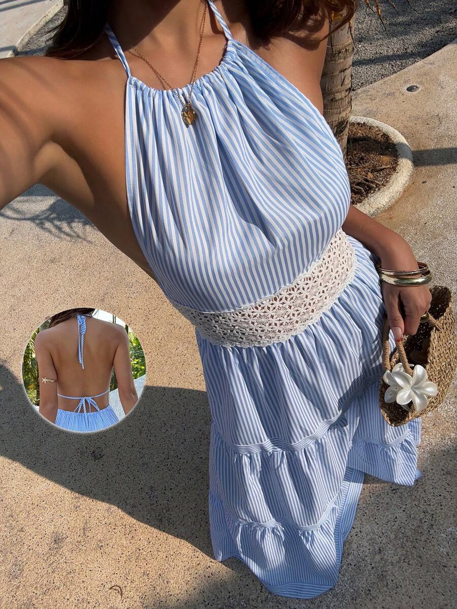 Sunnyshic 女士蓝色条纹夏季露背吊带撞色蕾丝修身性感沙滩度假派对连衣裙 - 藍色 - 查看 1