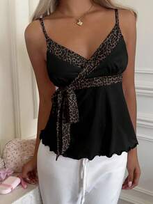 CovetEZ Áo hai dây nữ hai dây thắt nơ phối màu tương phản họa tiết da báo, màu trơn, gợi cảm, thoải mái, đa năng, phù hợp cho các buổi đi chơi, lễ hội âm nhạc, bãi biển, kỳ nghỉ, sinh nhật, tiệc tùng, đám cưới, phong cách sang trọng, Y2K. - Nhiều màu - Xem 8