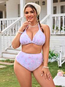 Swim Mod Plus Size Women Ditsy Floral Tankini Swimsuit Set - White - View 4